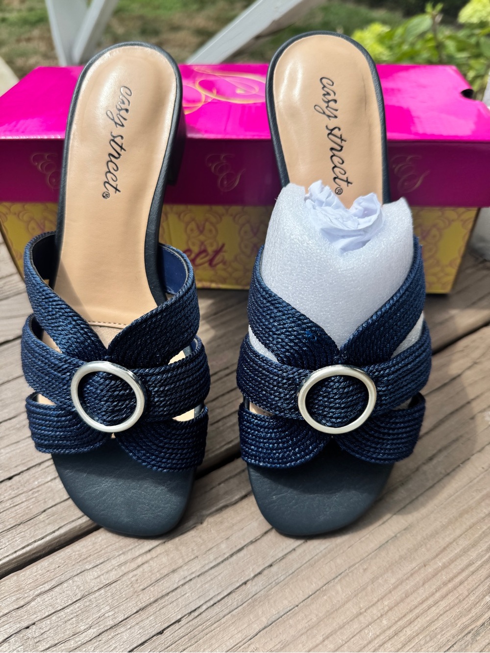 easy street Navy Braided Slide Sandals with Silver Ring